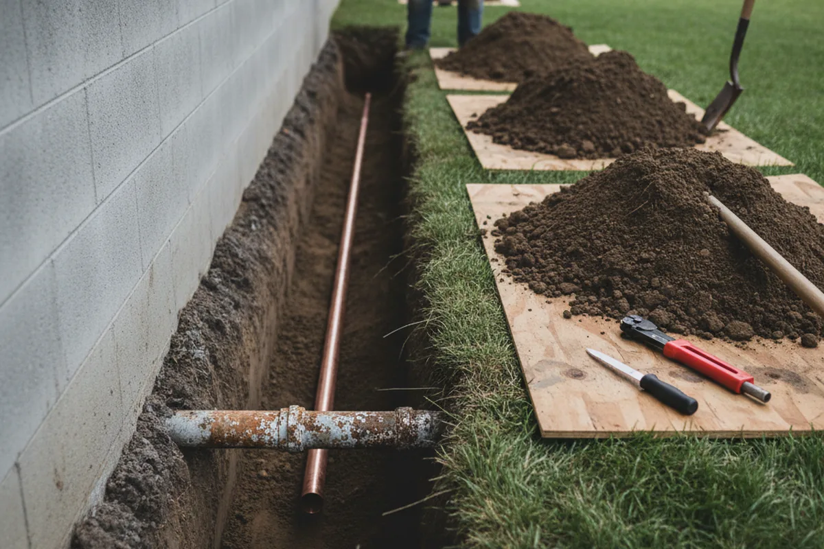 Excavated water line trench during Sewer Line Repair in Ironton